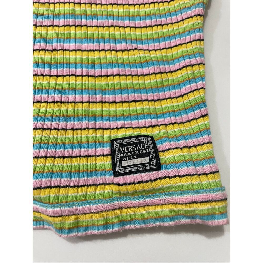 VTG 90s Versace JC Candy Striped Cotton Ribbed Mock Turtleneck Sleeveless Top - Picture 2 of 5